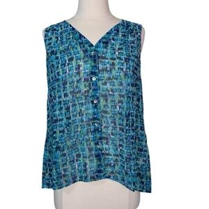 J Jill V-Neck Sheer Button Down Sleeveless Blue/Green Abstract Blouse. Size Lg